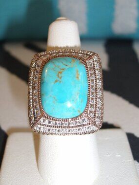 KINGMAN TURQUOISE & WHITE TOPAZ STERLING SILVER & BRONZE SIZE 7 RING NEW